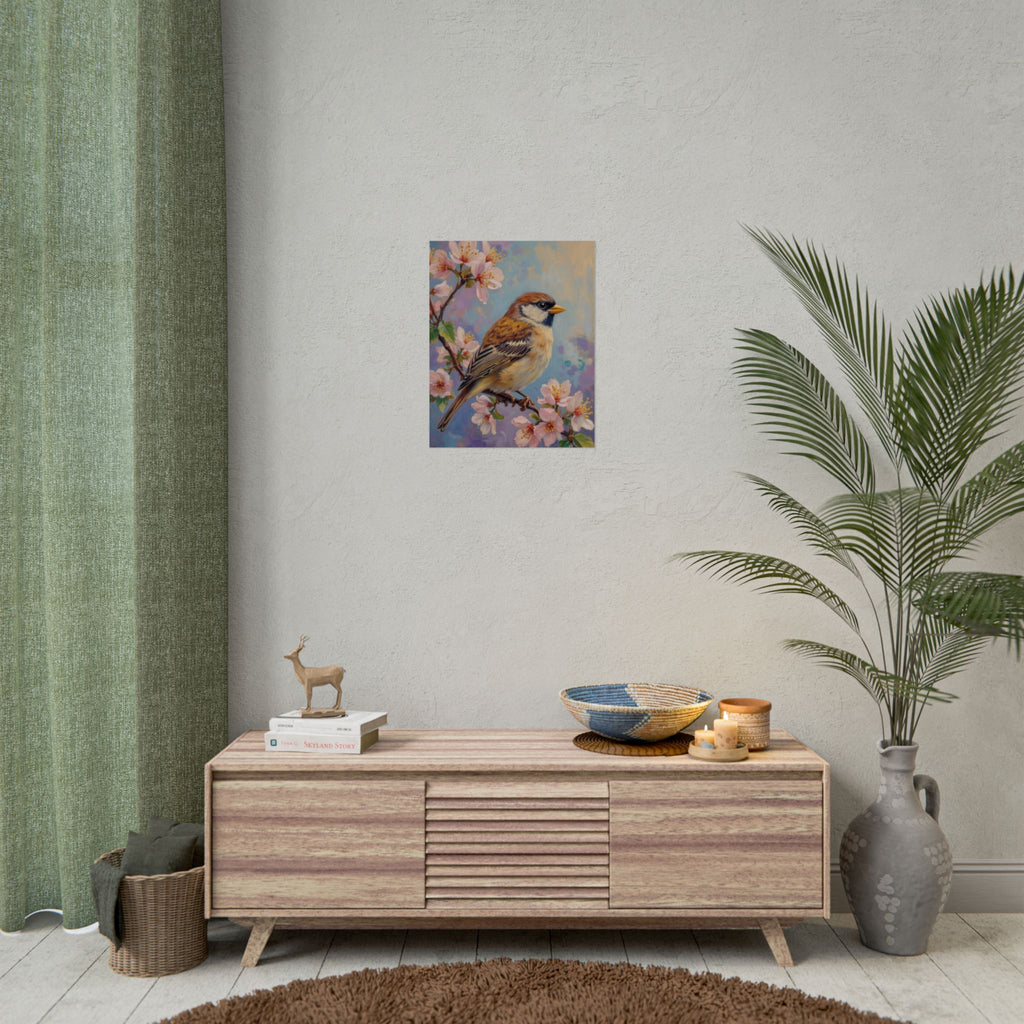 Bird on Blossom Rolled Poster — Spring Sparrow on Branch Wall Art Print