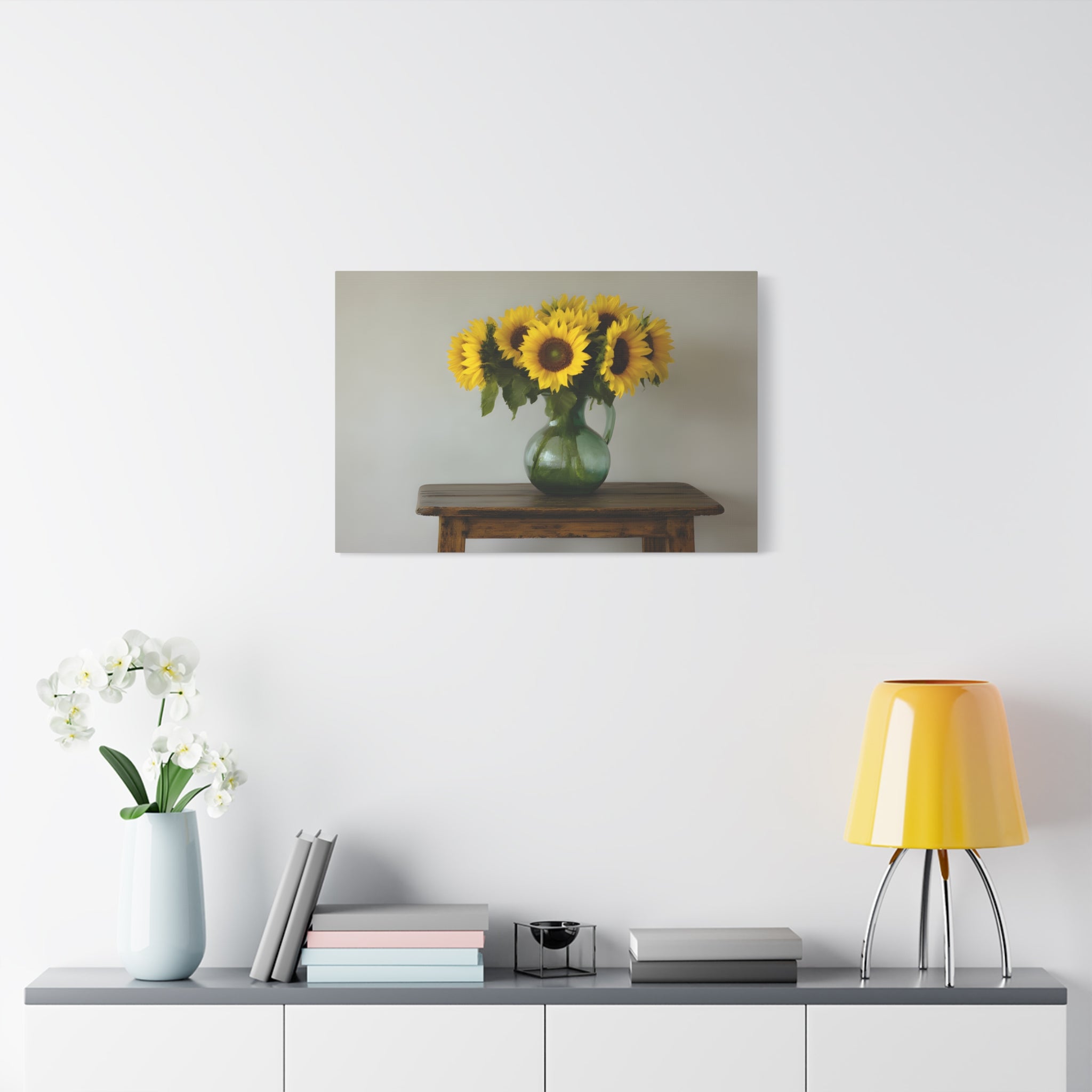 Zonnebloemen in een groene kruik als wanddecoratie - Gespannen canvas 