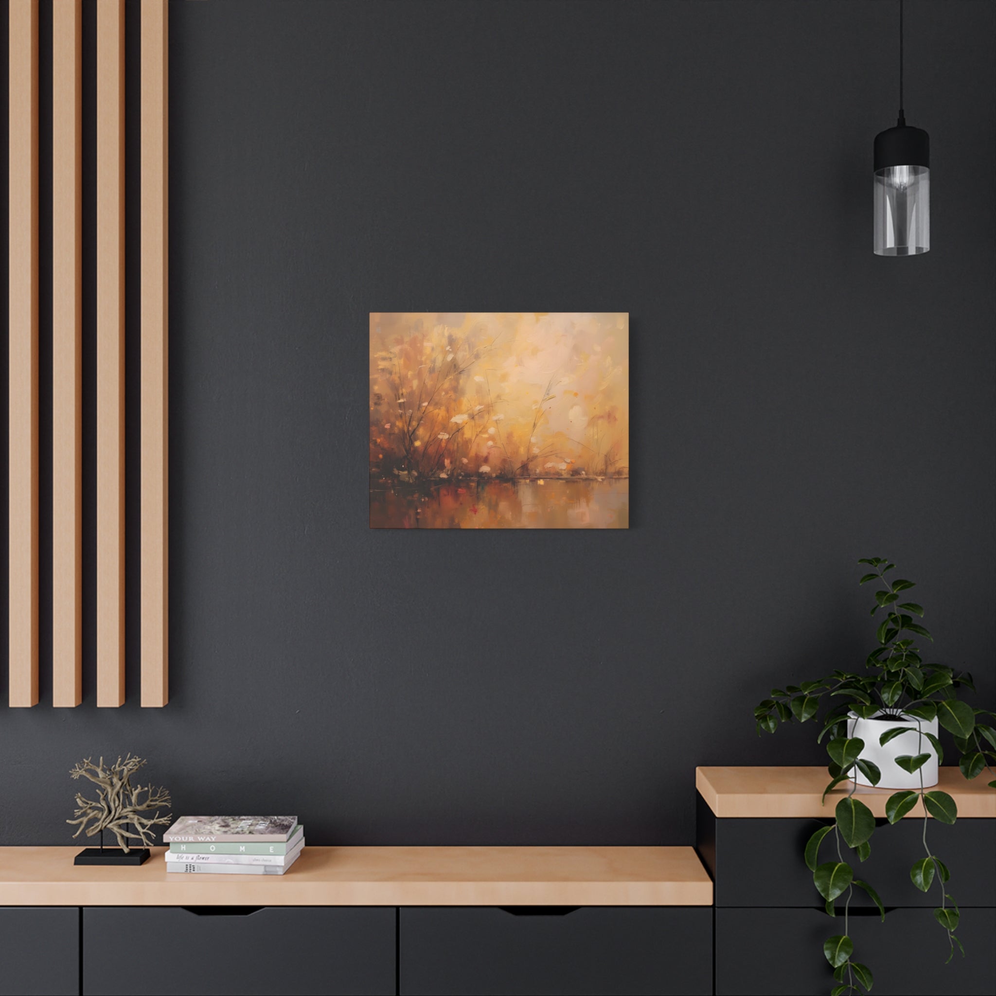 Abstracte muurdecoratie met gouden weidemotief - opgespannen canvas 