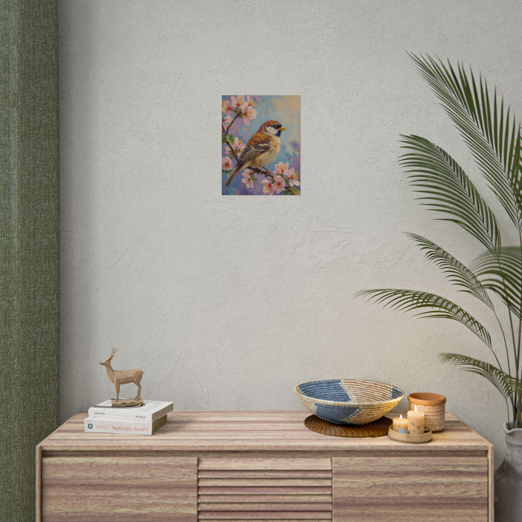Bird on Blossom Rolled Poster — Spring Sparrow on Branch Wall Art Print