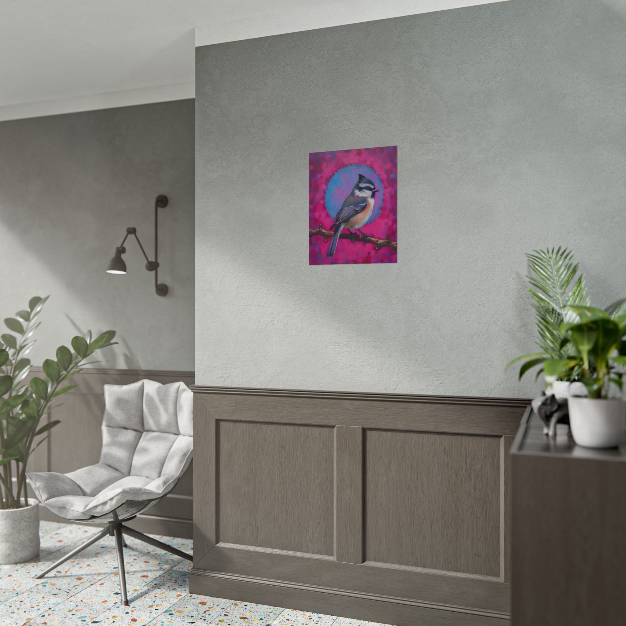 Kleurrijke Zangvogel Poster — Blauwe Gaai Kunstprint op Levendige Roze Achtergrond