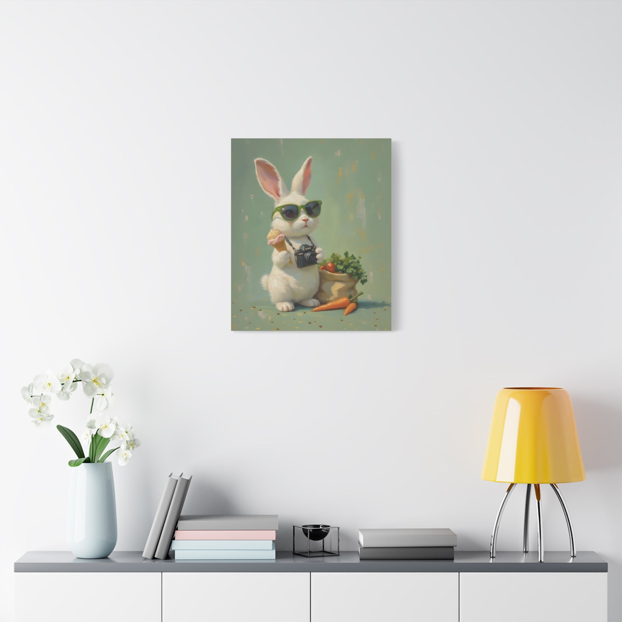 Green Bunny Canvas Wall Art — Photographer Bunny with Carrots & Ice Cream