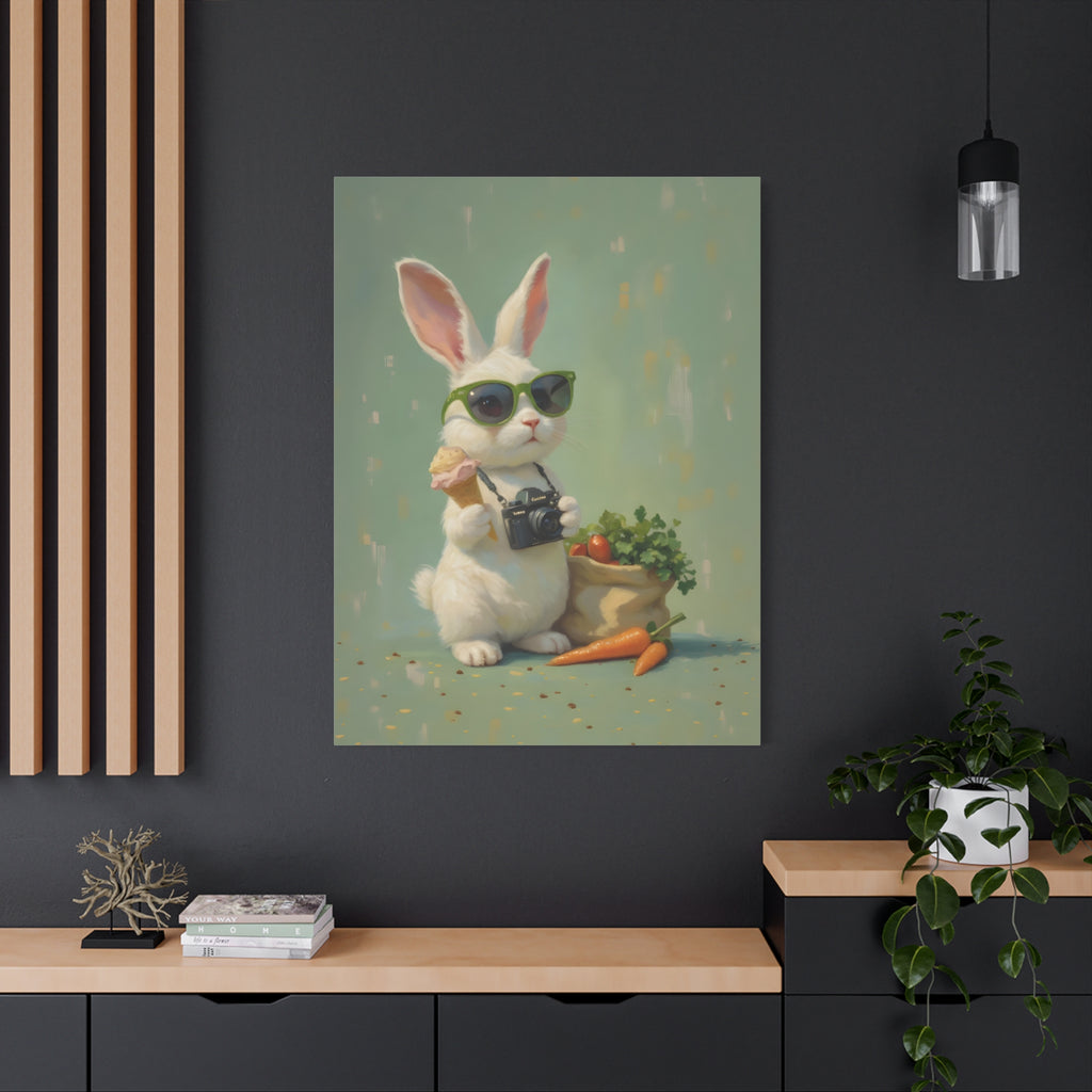 Green Bunny Canvas Wall Art — Photographer Bunny with Carrots & Ice Cream