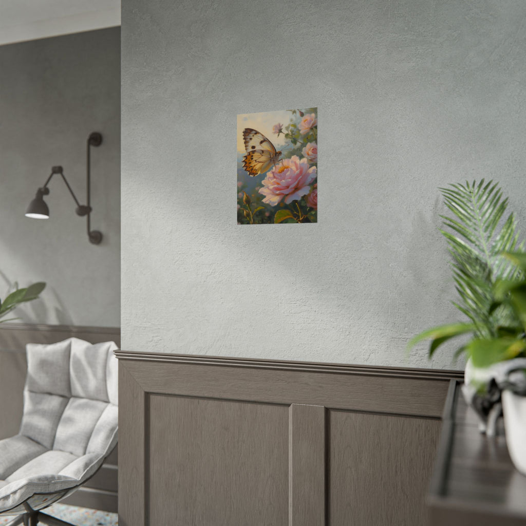 Wandbild mit Schmetterling auf rosa Rose - Poster 