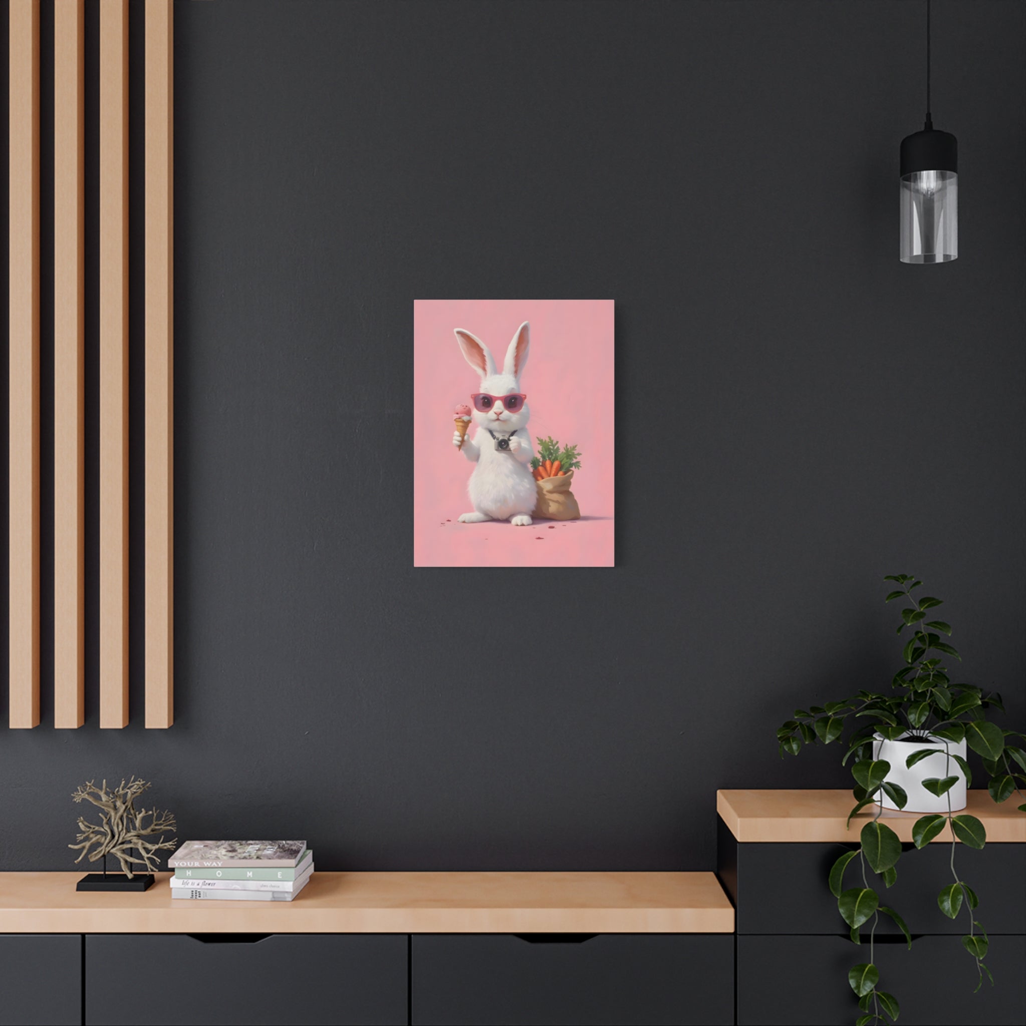 Pink Cute Bunny Canvas Wall Art — Cool Rabbit with Sunglasses, Ice Cream & Carrots (Matte Stretched)