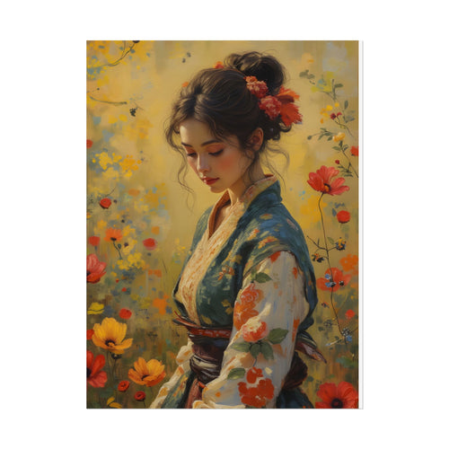 Asiatische Blumen-Dame – Wandbild im Vintage-Stil mit Blumenporträt