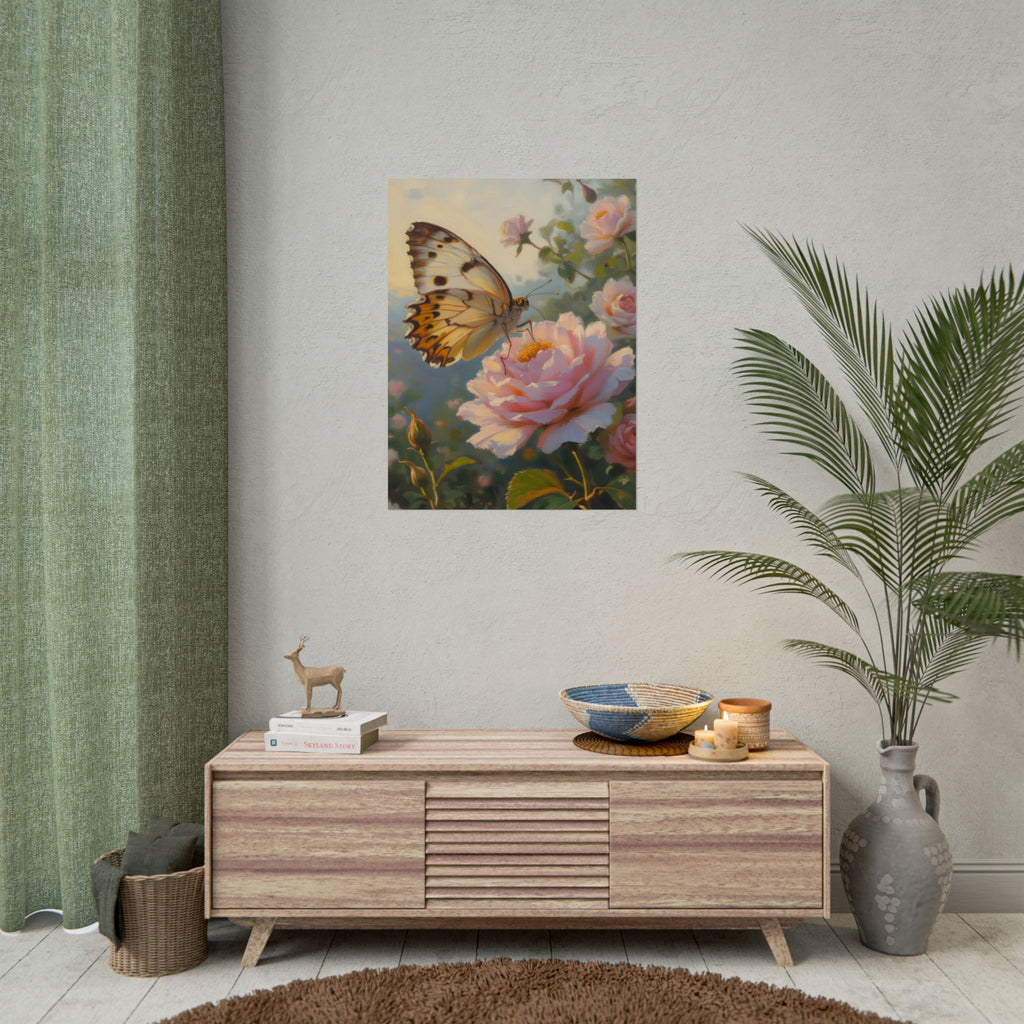 Wandbild mit Schmetterling auf rosa Rose - Poster 
