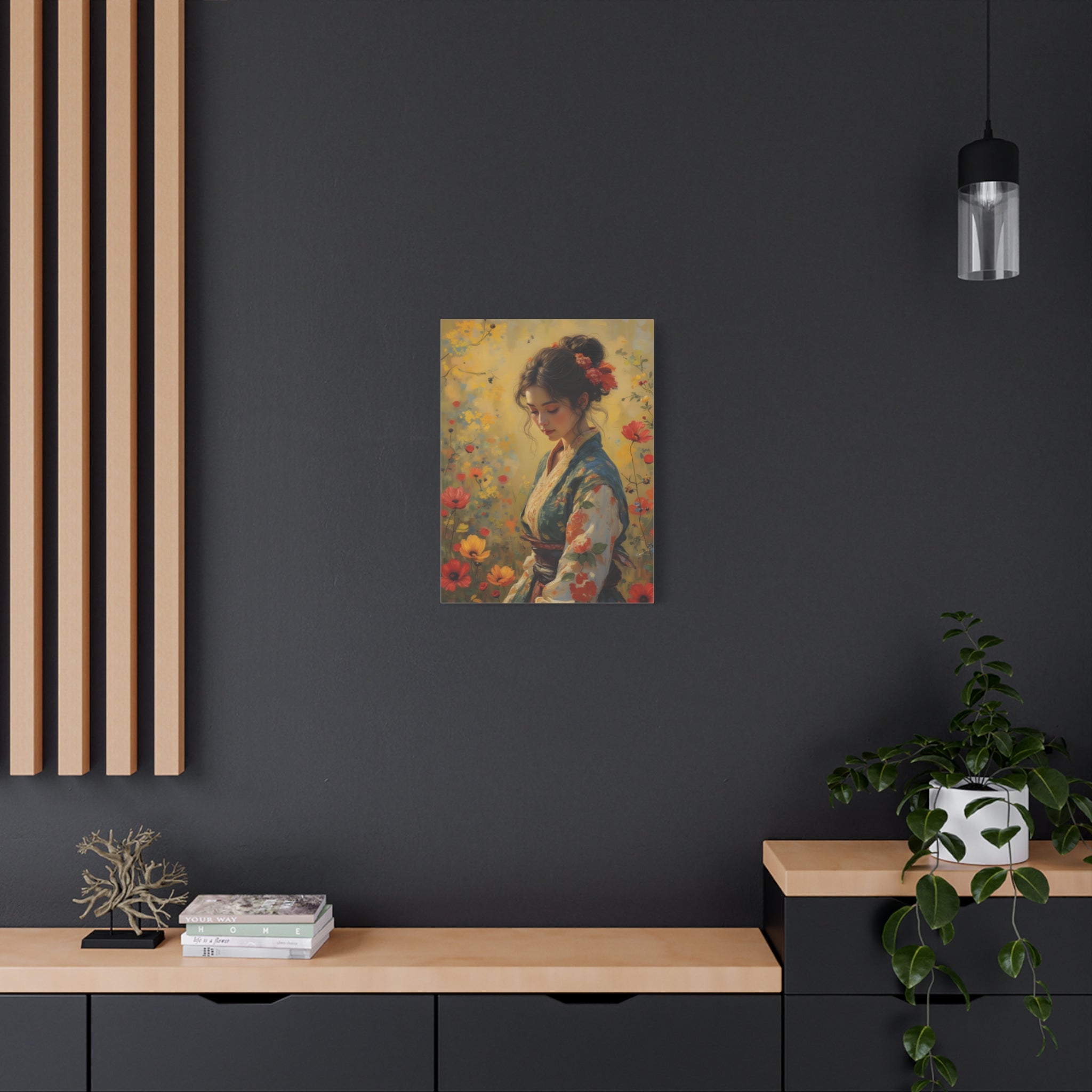 Asiatische Blumen-Dame, matte Leinwand-Wandkunst