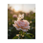 Muurposter met vlinder op roze roos 