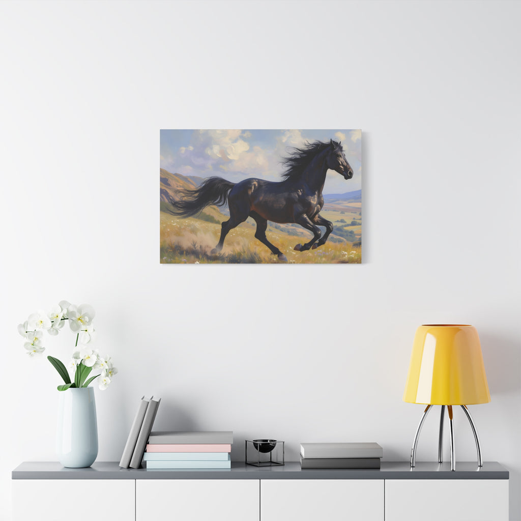 Muurdecoratie met een rennende zwarte hengst - Paardenschilderij - Gespannen canvas 