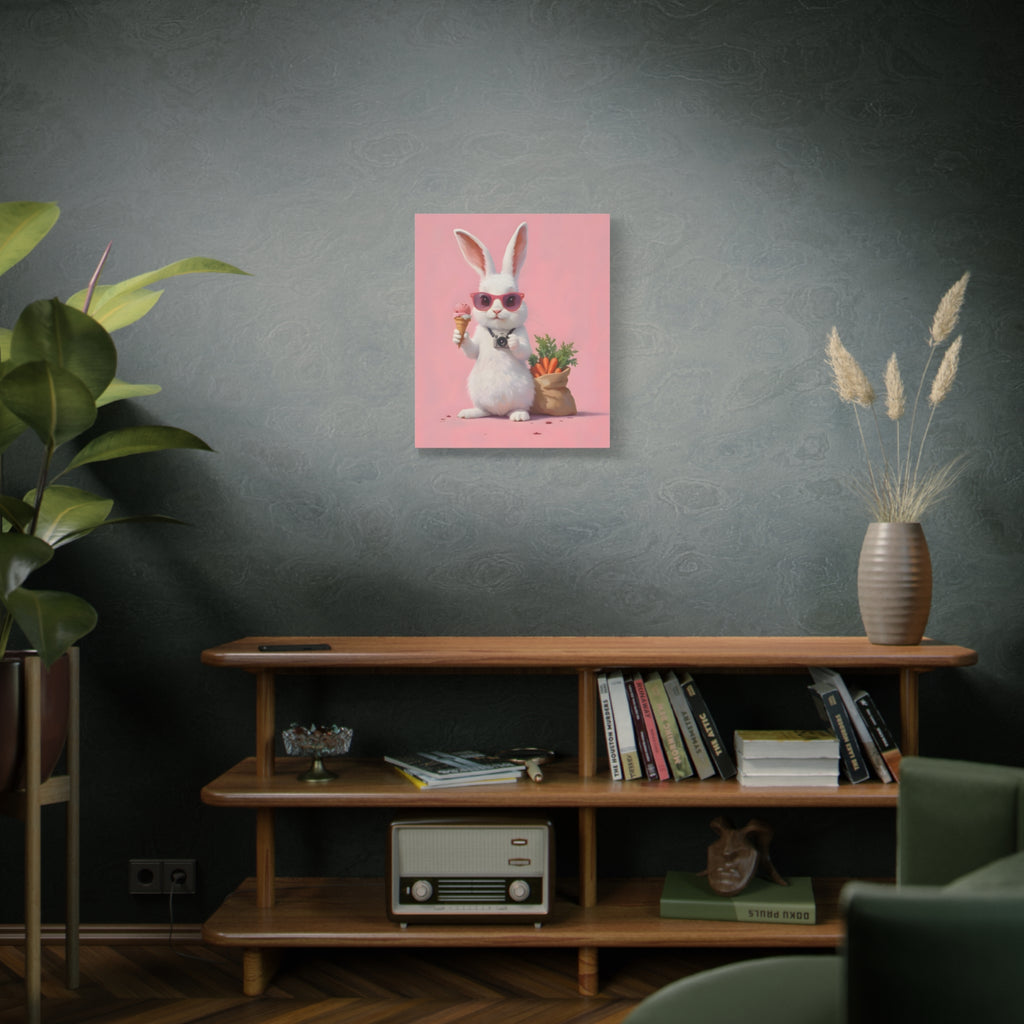 Pink Cute Bunny Canvas Wall Art — Cool Rabbit with Sunglasses, Ice Cream & Carrots (Matte Stretched)