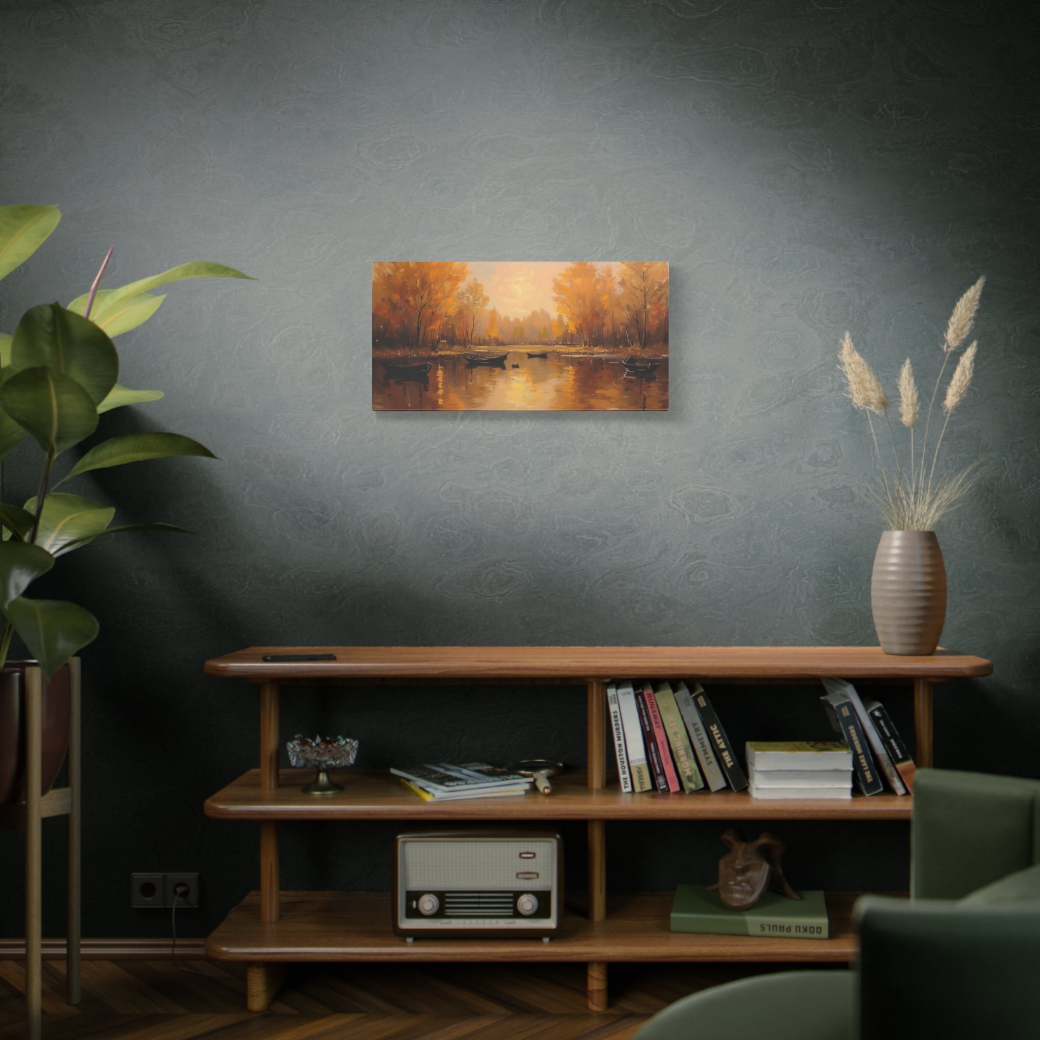 Autumn at the lake with rowboats Wall Art - Stretched Canvas