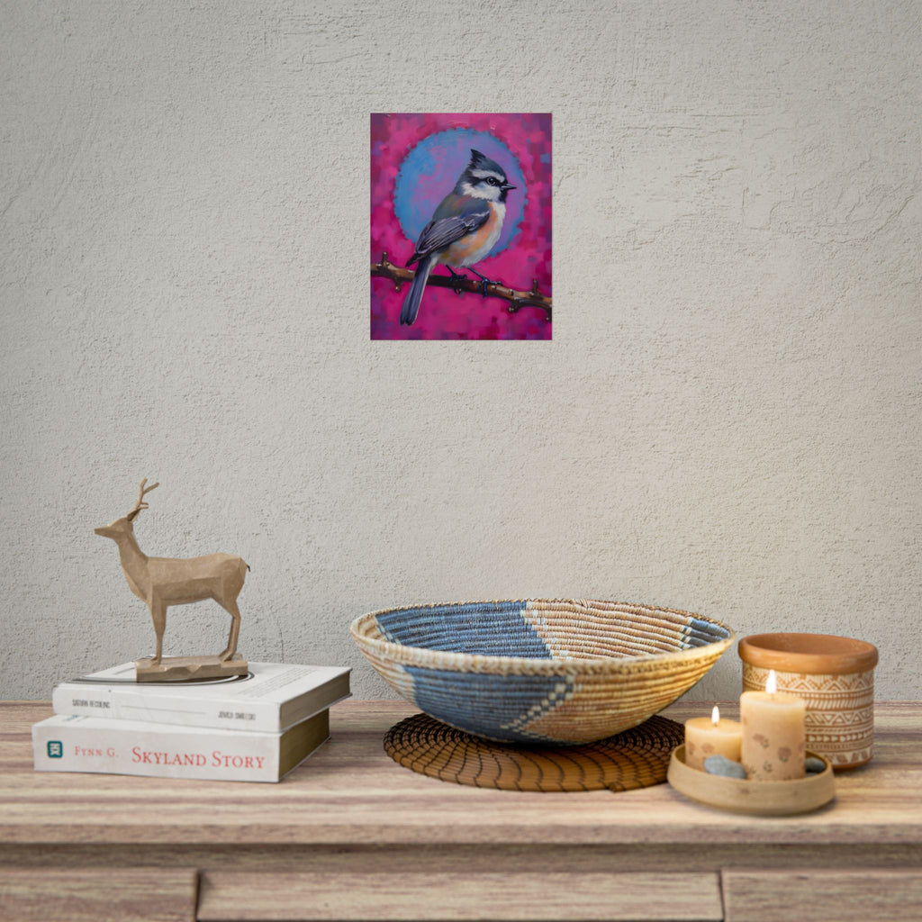 Kleurrijke Zangvogel Poster — Blauwe Gaai Kunstprint op Levendige Roze Achtergrond