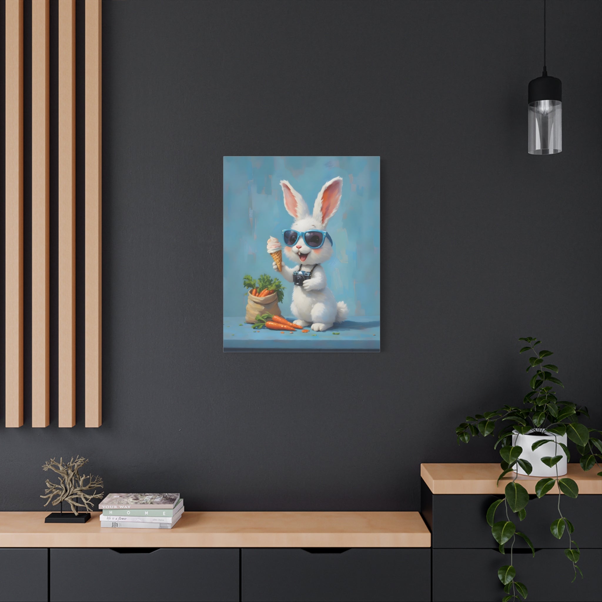 Blue Bunny Canvas Print — Cute Rabbit with Sunglasses & Ice Cream Matte Wall Art