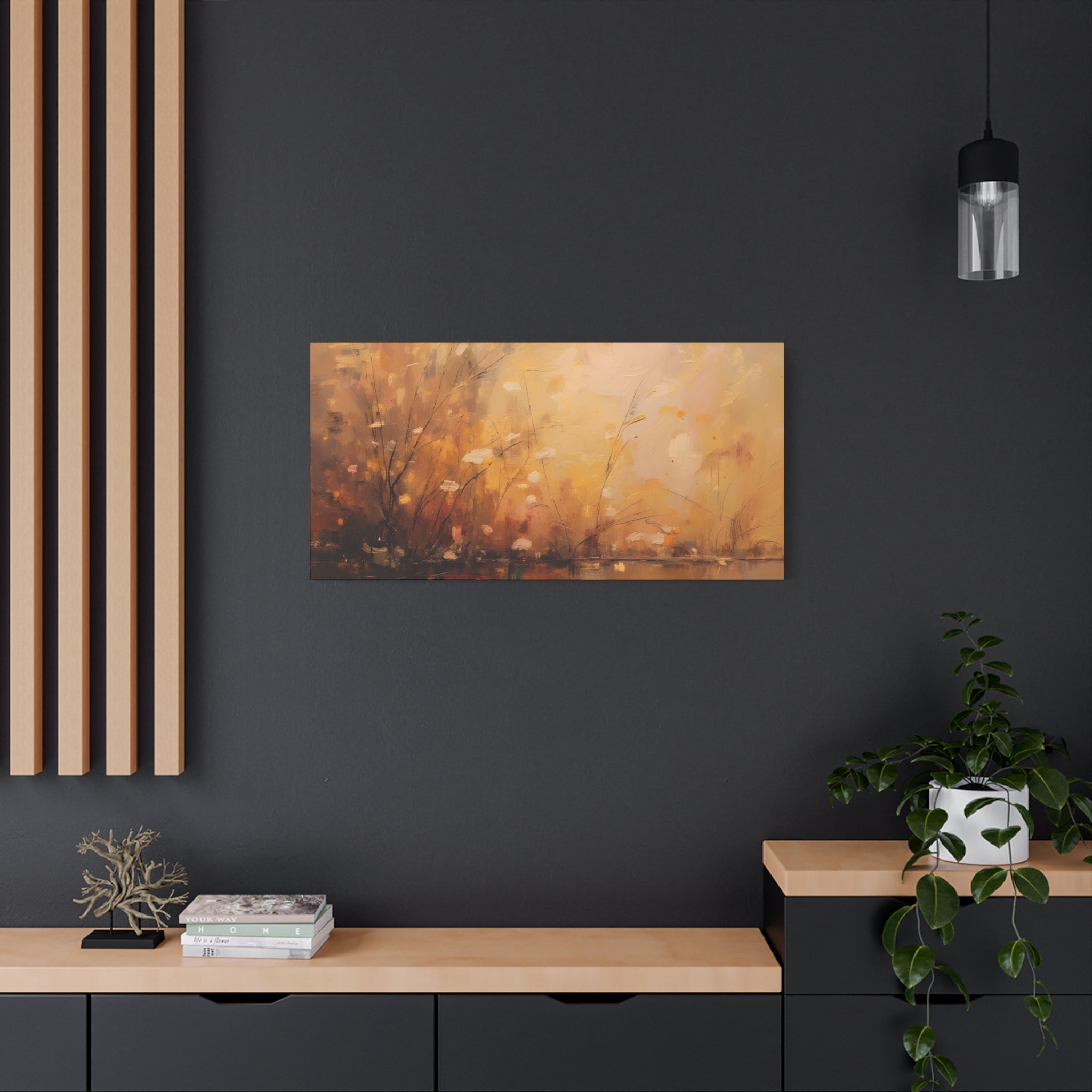 Abstracte muurdecoratie met gouden weidemotief - opgespannen canvas 