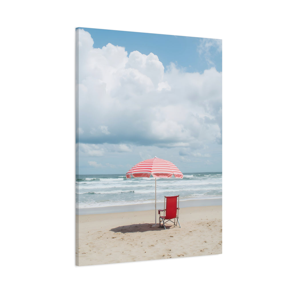 Sun-drenched beach memory with beach chair and umbrella Canvas Wall Art - Stretched Canvas