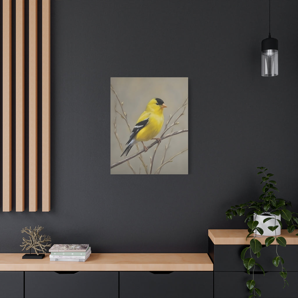 Goldfinch Wall Art Canvas — Yellow Songbird Painting on Branch, Matte Stretched Canvas