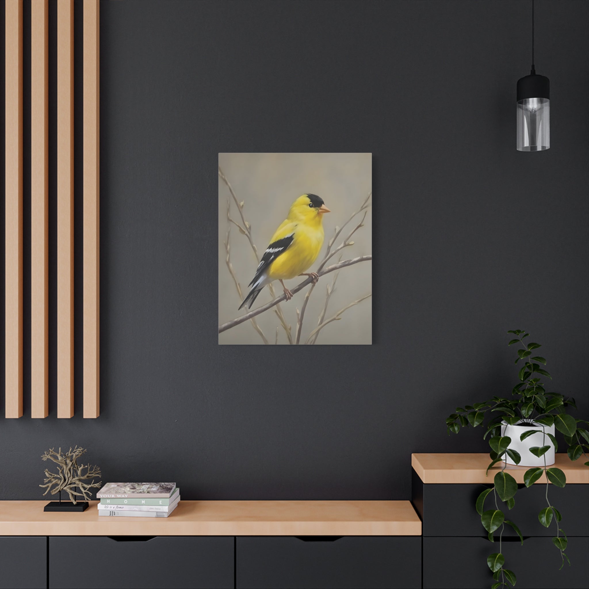 Goldfinch Wall Art Canvas — Yellow Songbird Painting on Branch, Matte Stretched Canvas