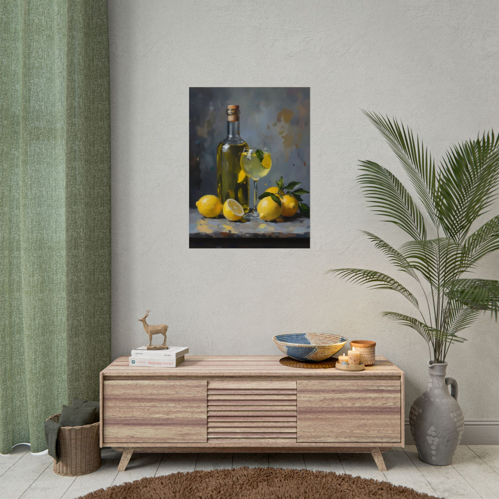 Limoncello with lemons Still Life Rolled Poster – Citrus Bottle Art Print