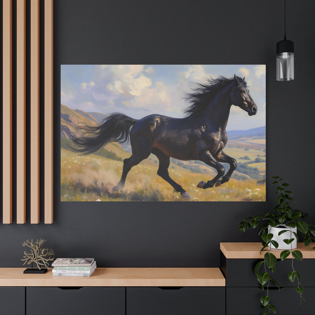 Muurdecoratie met een rennende zwarte hengst - Paardenschilderij - Gespannen canvas 