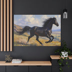 Muurdecoratie met een rennende zwarte hengst - Paardenschilderij - Gespannen canvas 