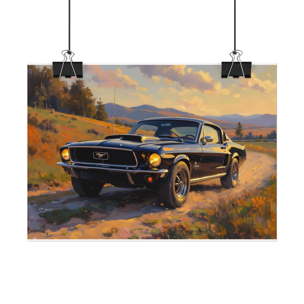 Vintage Mustang Sonnenuntergang Wandbild – Klassisches Muscle-Car – Poster 