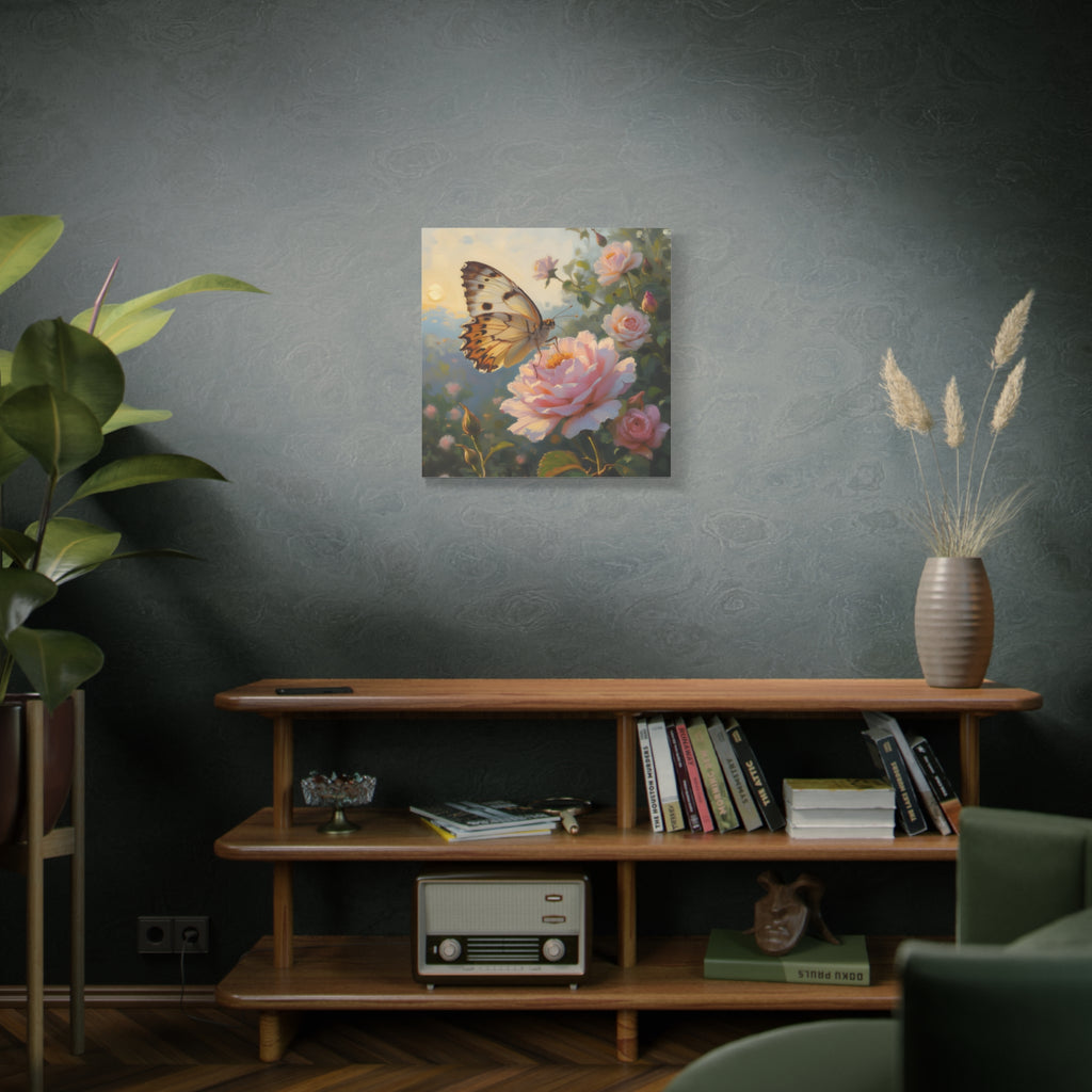 Muurdecoratie met vlinder op een roze roos - Gespannen canvas 