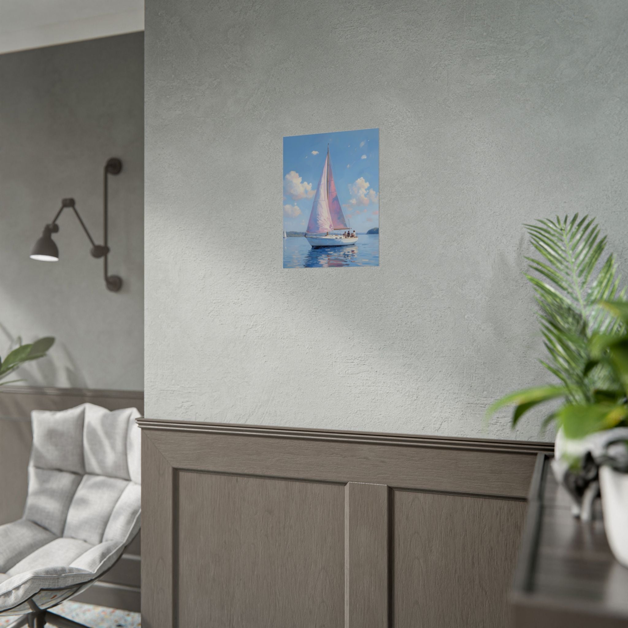 Segelboot auf ruhigem Wasser mit rosa Akzenten - Poster 