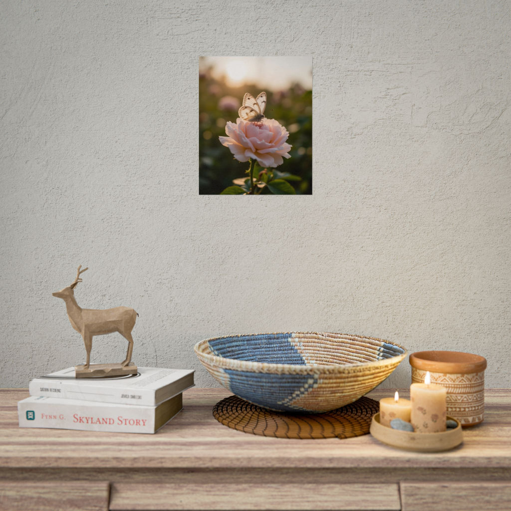 Muurposter met vlinder op roze roos 