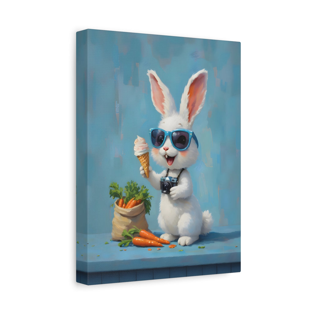 Blue Bunny Canvas Print — Cute Rabbit with Sunglasses & Ice Cream Matte Wall Art