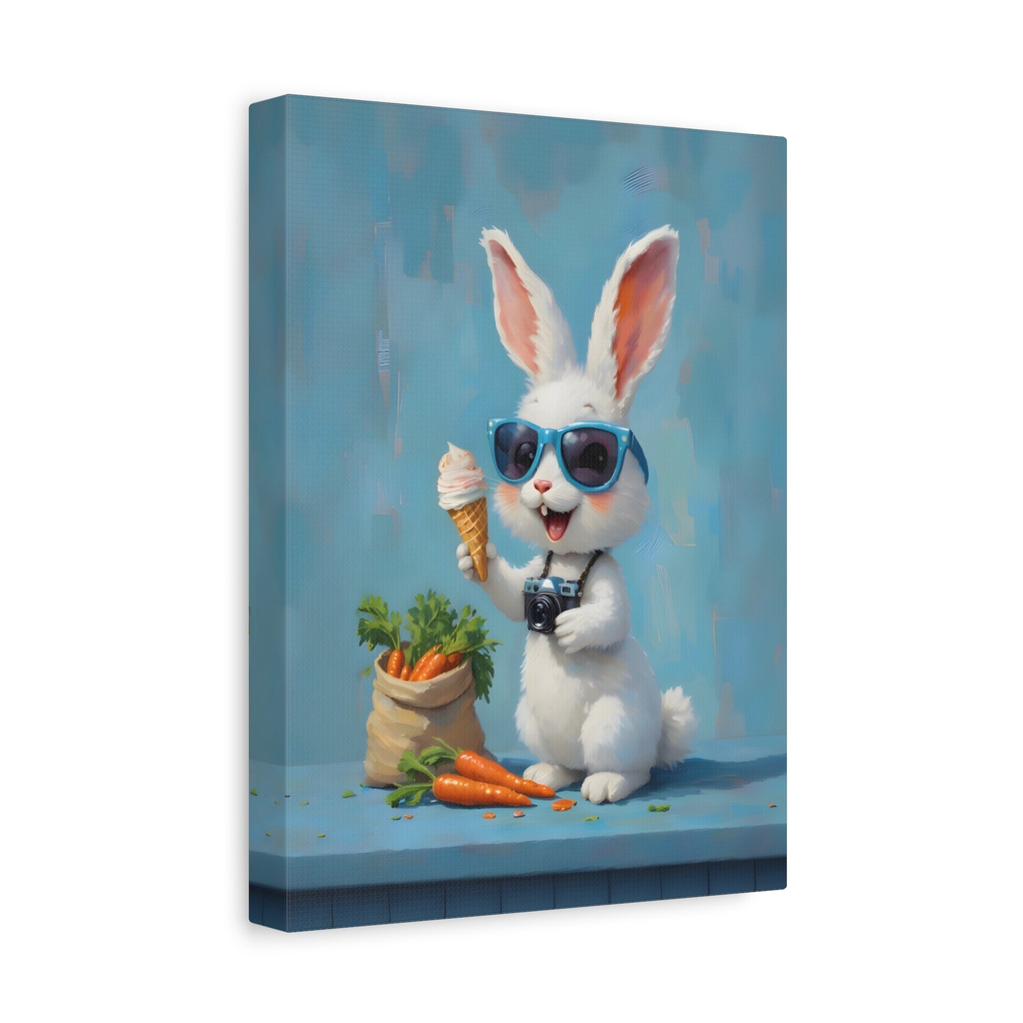 Blue Bunny Canvas Print — Cute Rabbit with Sunglasses & Ice Cream Matte Wall Art