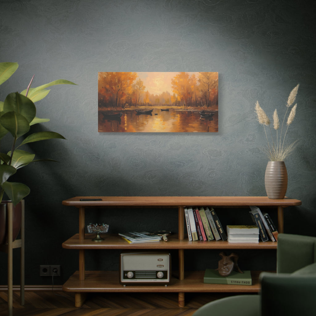 Autumn at the lake with rowboats Wall Art - Stretched Canvas