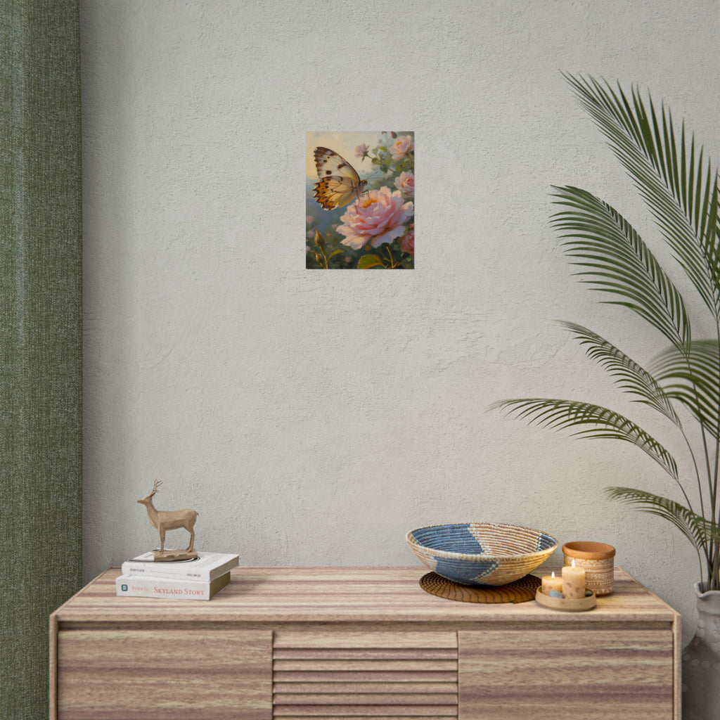 Wandbild mit Schmetterling auf rosa Rose - Poster 