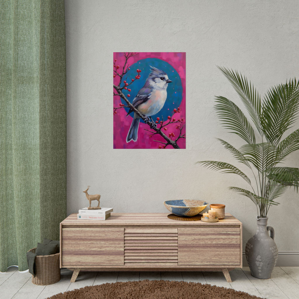 Kunstposter „Blauhäher“ – Lebendige Vogelillustration auf rosa-türkisfarbenem Hintergrund