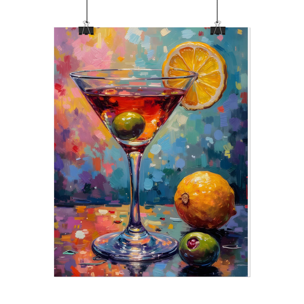 Buntes Martiniglas mit Zitrone und Olive – Wandbild/Poster 
