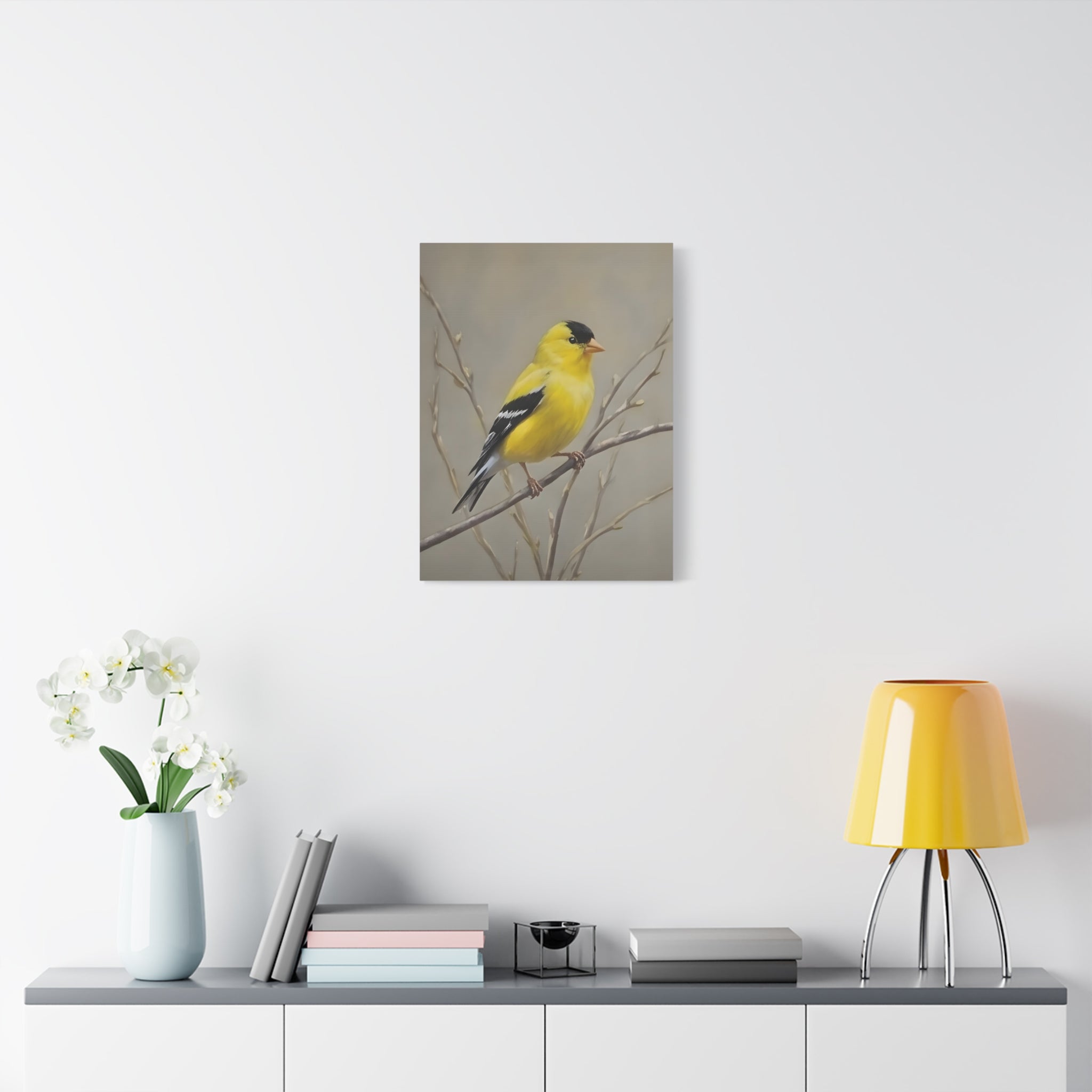 Goldfinch Wall Art Canvas — Yellow Songbird Painting on Branch, Matte Stretched Canvas