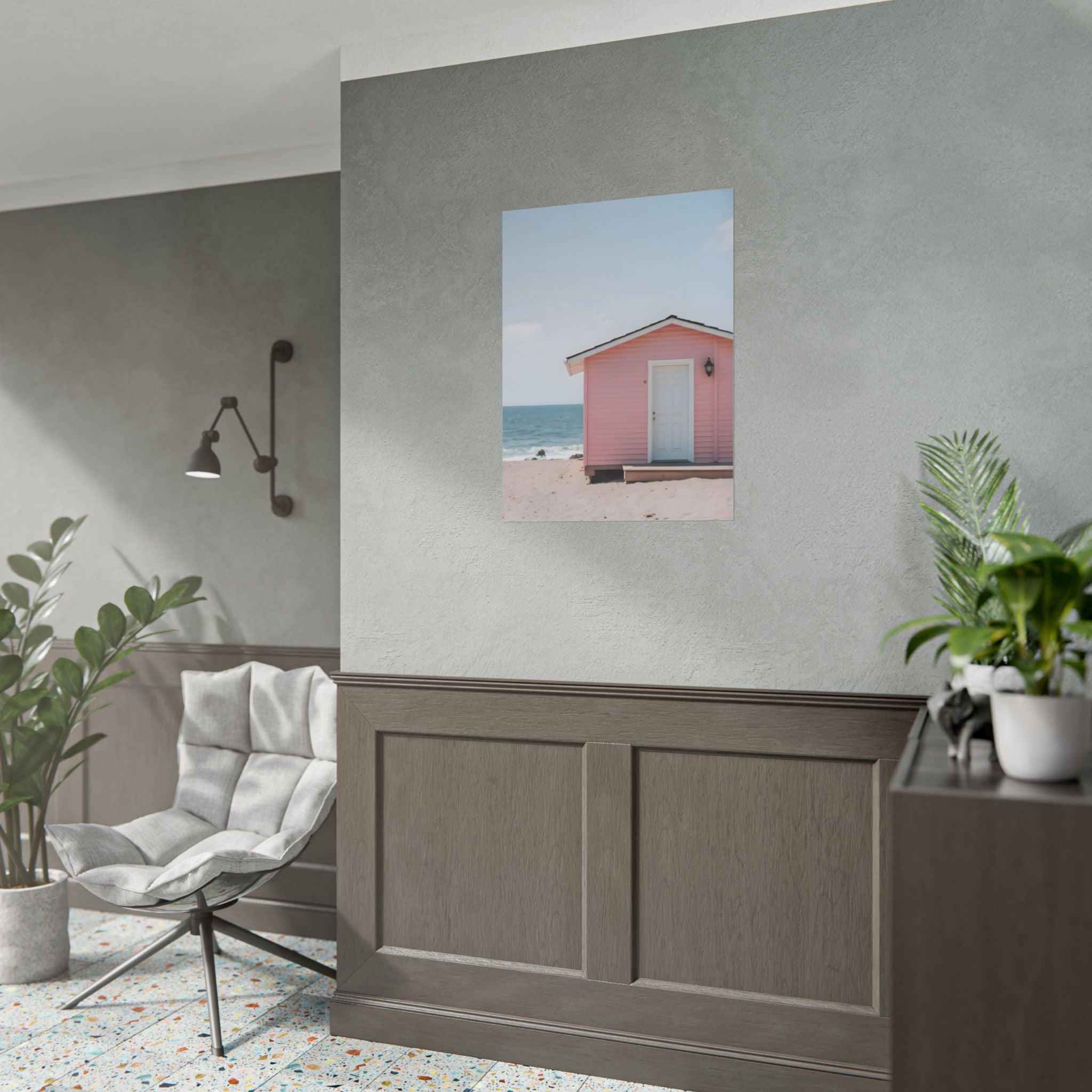 Roze strandhuisje als muurdecoratie - Poster 