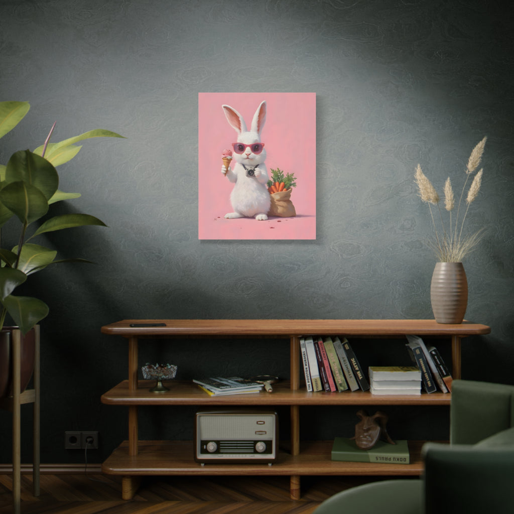 Pink Cute Bunny Canvas Wall Art — Cool Rabbit with Sunglasses, Ice Cream & Carrots (Matte Stretched)