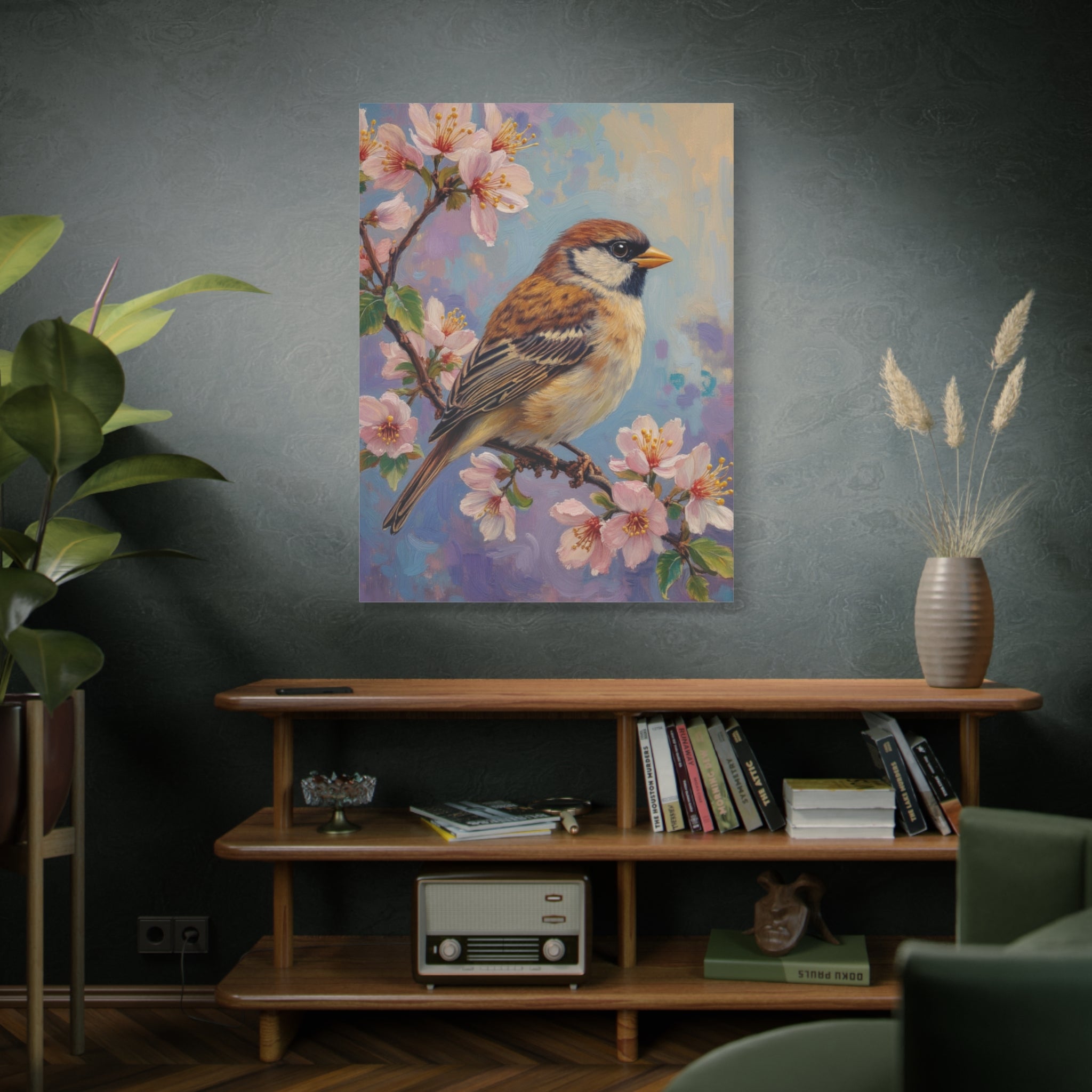 Sparrow on Cherry Blossoms Matte Stretched Canvas