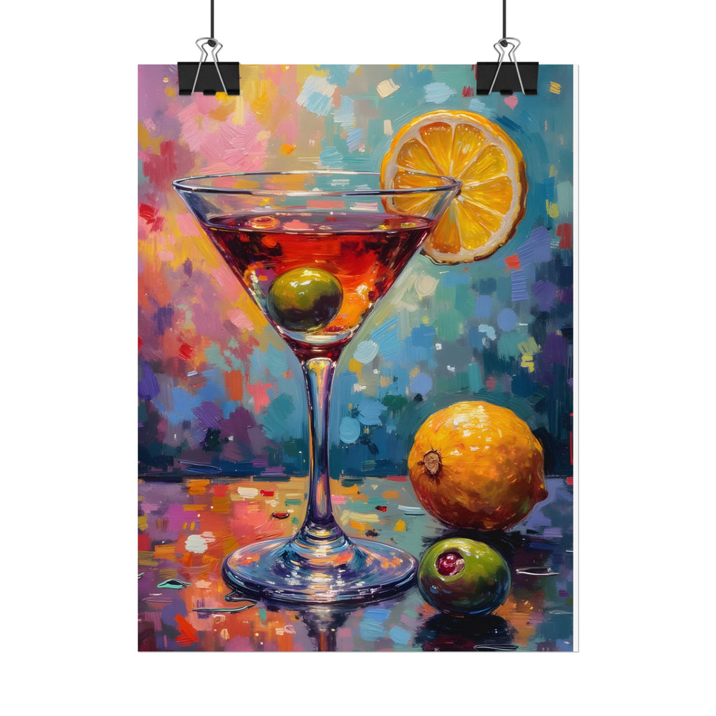 Buntes Martiniglas mit Zitrone und Olive – Wandbild/Poster 