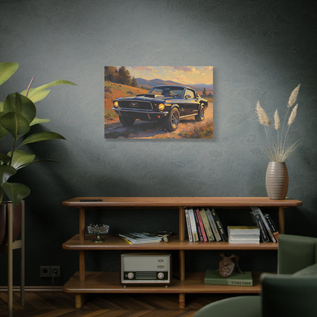 Vintage Mustang Sonnenuntergangs-Wandbild – Klassisches Muscle-Car – Leinwand 