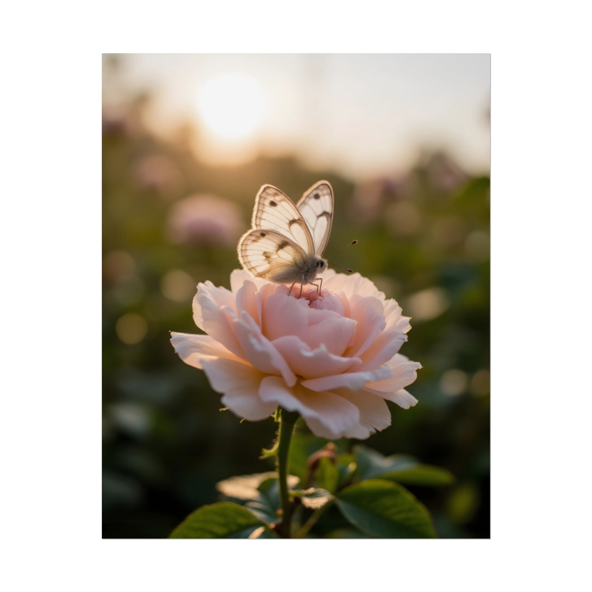 Muurposter met vlinder op roze roos 