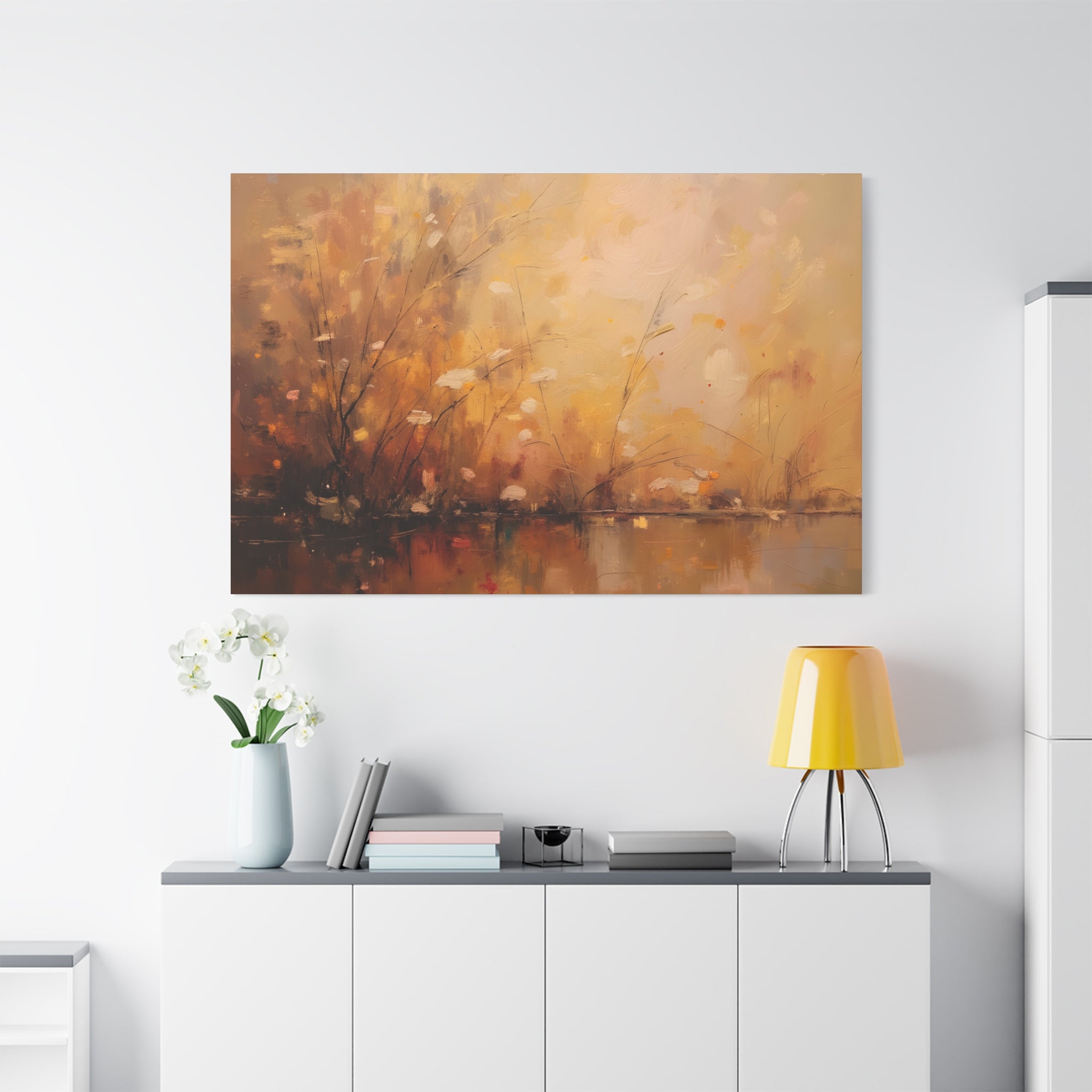 Abstracte muurdecoratie met gouden weidemotief - opgespannen canvas 