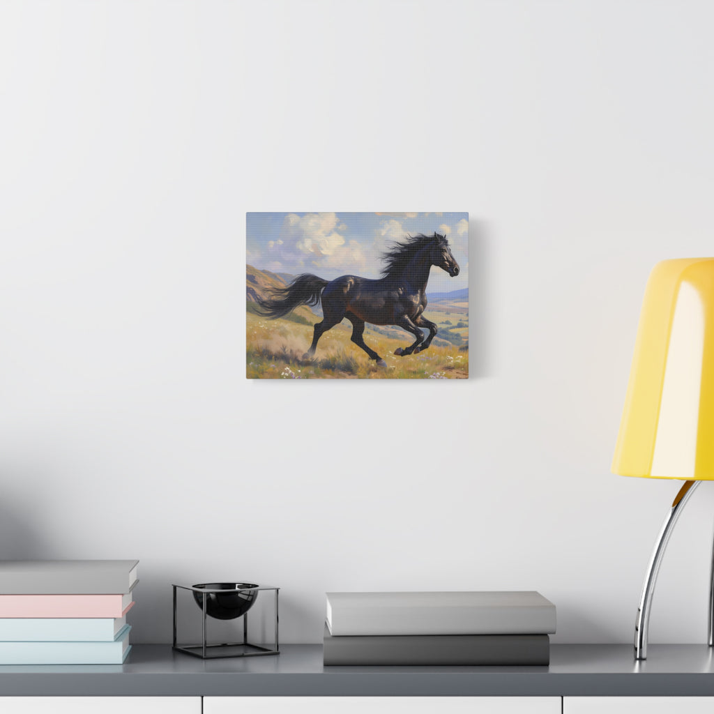 Muurdecoratie met een rennende zwarte hengst - Paardenschilderij - Gespannen canvas 