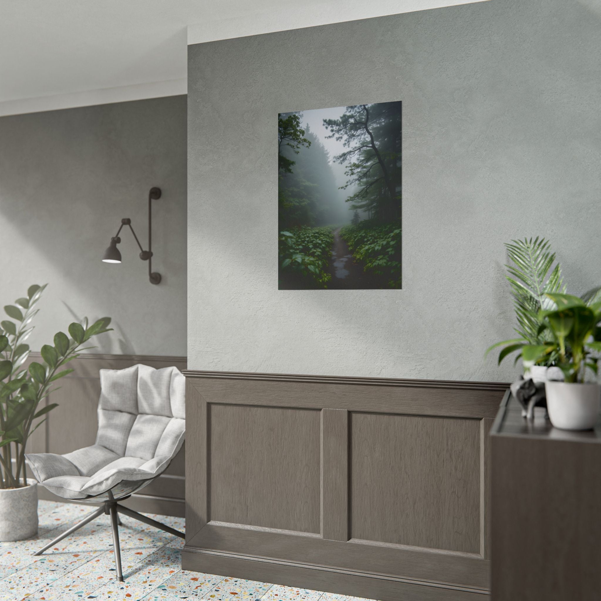 Muurdecoratie met een mistig bospad - Poster 