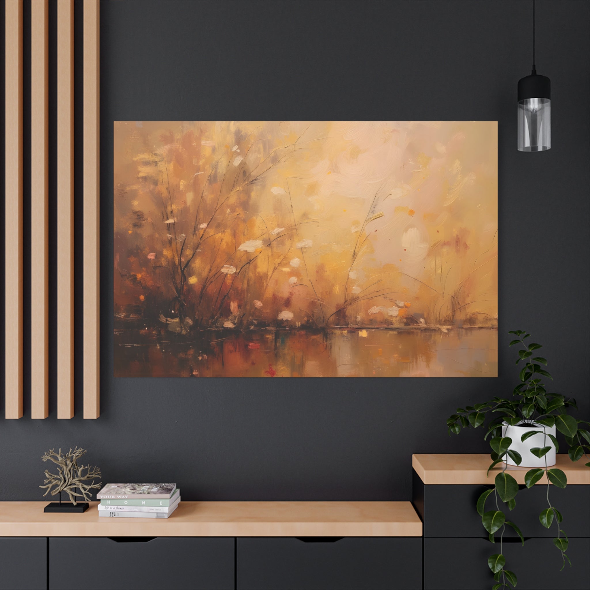 Abstracte muurdecoratie met gouden weidemotief - opgespannen canvas 