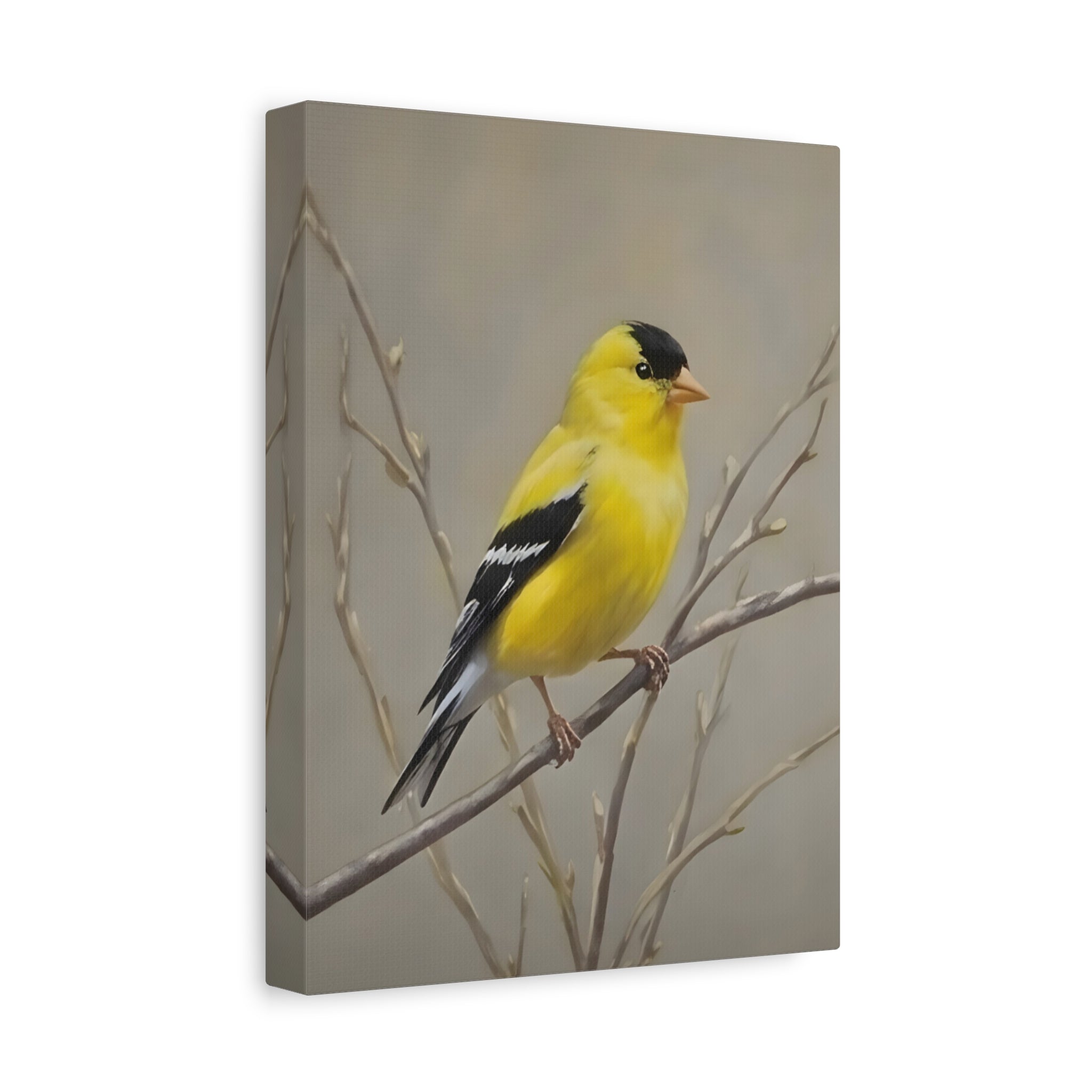Goldfinch Wall Art Canvas — Yellow Songbird Painting on Branch, Matte Stretched Canvas