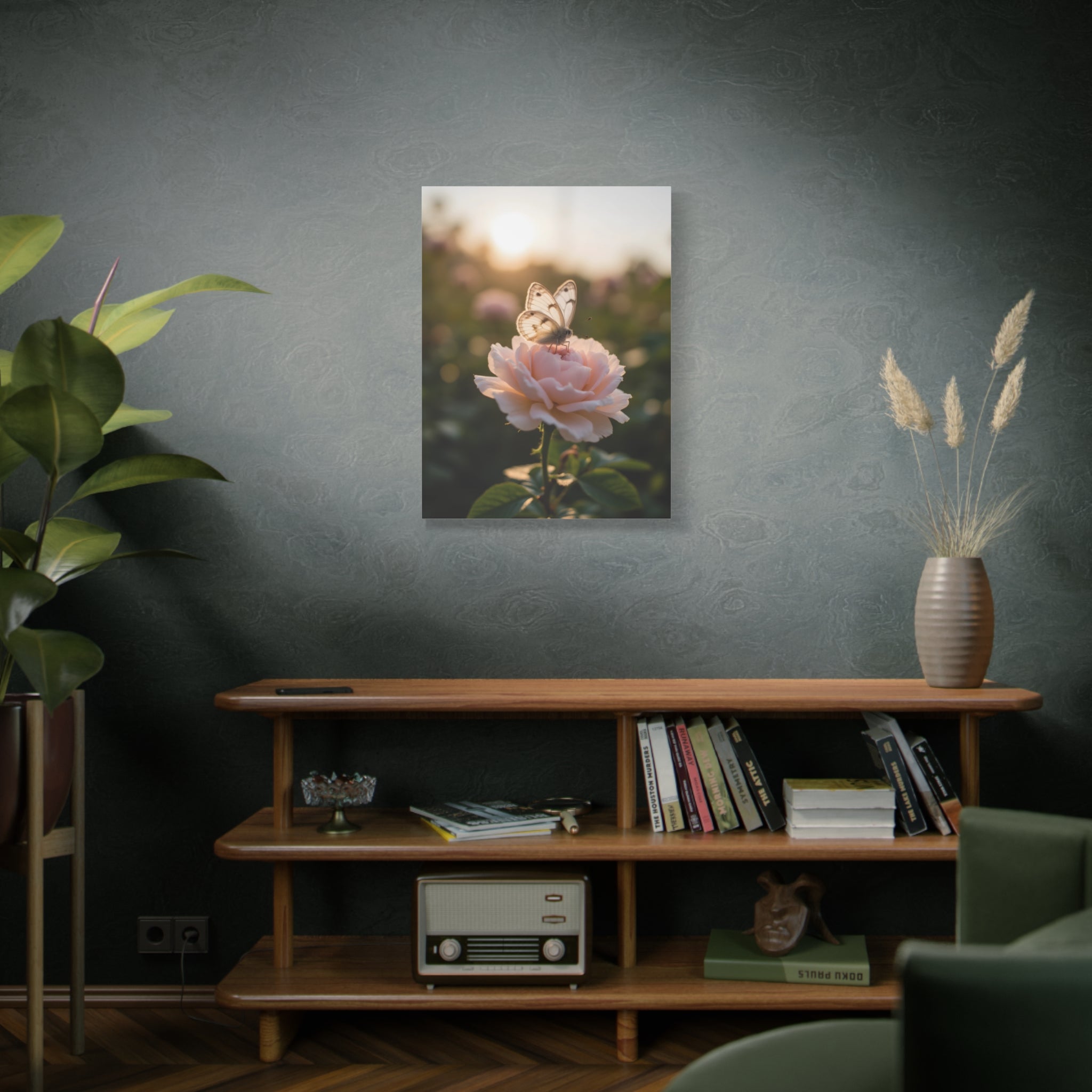 Butterfly on Pink Rose Wall Art - Stretched Canvas