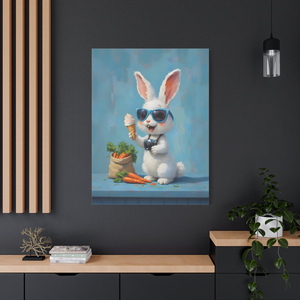 Blue Bunny Canvas Print — Cute Rabbit with Sunglasses & Ice Cream Matte Wall Art