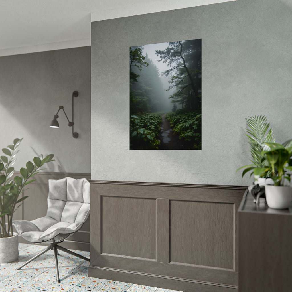 Muurdecoratie met een mistig bospad - Poster 
